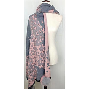 La Fiorentina Fur Pom Corner Trim Scarf Charcoal Gray Pink Butterflies Pattern